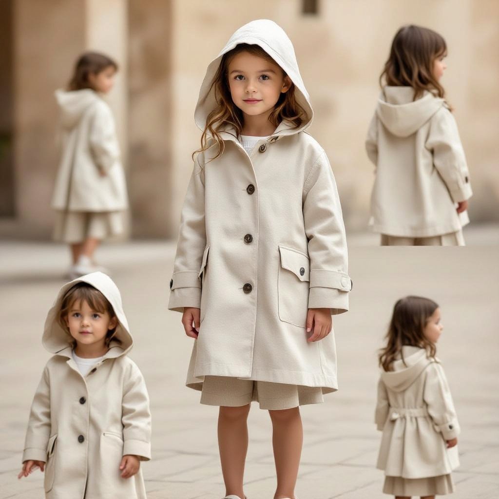 Design a unique and beautiful Zara linen raincoat or trench coat for six-year-old children.
Design a Zara linen raincoat or trench coat for six-year-old children, featuring natural linen fabric, a classic A-line cut, a protective hood, and front button closures.