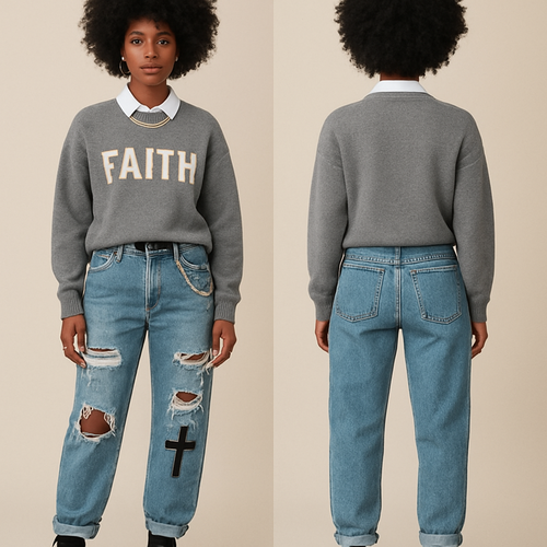 Black woman 
Afro 
White collared shirt 
Grey sweater on with faith on it
Loose ripped jeans with crosses and a gold chain on them 
Gold jewelry 
Black platform boots 


