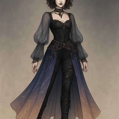 Overall Style

A blend of:
	•	Gothic fashion
	•	Steampunk detailing
	•	Magical fantasy aesthetics
	•	Soft ethereal colors transitioning into ominous tones

Key Features

• Corset Top
	•	A black lace corset with thin straps.
	•	Intricate lace detailing gives it a Victorian gothic feel.
	•	Creates a dramatic contrast with the flowy sleeves.

• Sheer Sleeves
	•	Puffy, translucent sleeves that fade from light to dark.
	•	Adds a soft, ghostly elegance to the darker upper outfit.

• Layered Skirt Panels
	•	Long, split overskirt with a stunning gradient from deep blue to soft peach.
	•	White lightning-like patterns and small floral motifs give a magical storm aesthetic.
	•	Panels resemble enchanted fabric or spell-infused cloth.

• Pants With Details
	•	One leg is covered, the other has strategic cut-outs, creating an asymmetrical, edgy look.
	•	Embroidered flowers on the thighs add softness to the darker materials.
	•	Straps, buckles, and metal rings add a steampunk or adventurer flair.

• Boots
	•	Tall, platform lace-up boots with gothic influence.
	•	Hefty soles give the character power and presence.

• Accessories
	•	Choker necklace with a gemstone.
	•	Chains, belts, charms, and metal accents around the waist.

