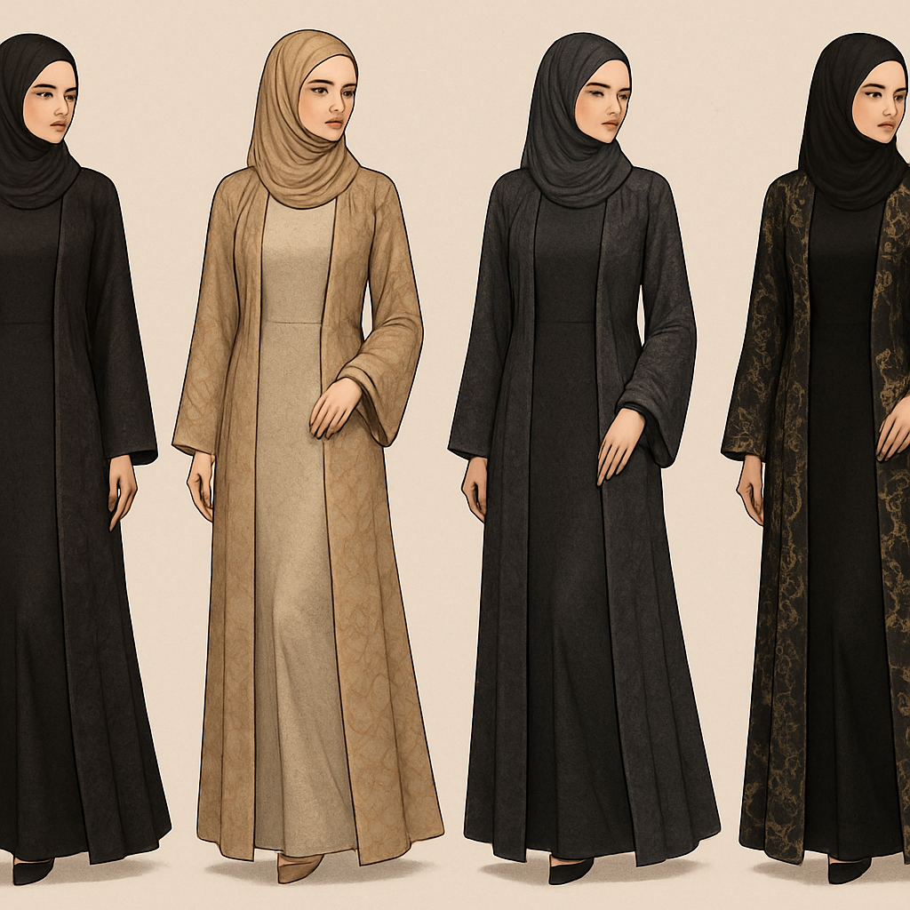 Create a modest sexy elegant fittted dress with abaya, the first of its kind, featuring a unique stone design that exudes a classy and sophisticated vibe. I'd like four designs, each showcasing different styles and fabrics. Incorporate high-end, unique chic stone designs to make them truly special. Add little sophisticated stone designs.

Create a modest sexy elegant fittted dress with abaya, the first of its kind, featuring a unique stone design that exudes a classy and sophisticated vibe. I'd like four designs, each showcasing different styles and fabrics. Incorporate high-end, unique chic stone designs to make them truly special. Add little sophisticated stone designs.