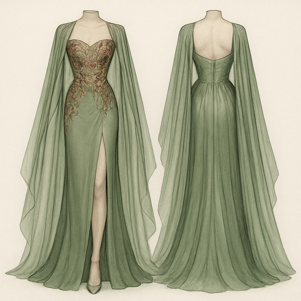 A luxurious sage green evening gown featuring a fitted corset bodice adorned with intricate floral embroidery in deep rose and gold tones. The design includes a dramatic floor-length cape made of sheer chiffon that flows elegantly from the shoulders. The front slit adds a touch of allure, while the structured silhouette enhances the feminine curves. Perfect for formal events, red carpet occasions, or elegant soirées, this gown embodies timeless sophistication and grace.
A luxurious sage green evening gown featuring a fitted corset bodice adorned with intricate floral embroidery in deep rose and gold tones. The design includes a dramatic floor-length cape made of sheer chiffon that flows elegantly from the shoulders. The front slit adds a touch of allure, while the structured silhouette enhances the feminine curves. Perfect for formal events, red carpet occasions, or elegant soirées, this gown embodies timeless sophistication and grace., classic style, show front and back