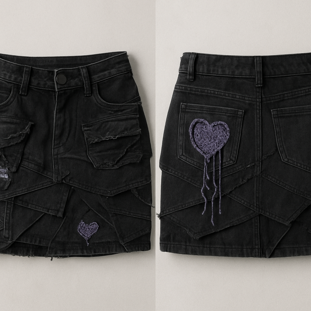 a black cargo mini skirt with rips on the pockets, multiple layers of fabric in geometric shapes, and some denim-colored threads and tears. on the back pocket, there’s a heart-shaped cutout with purple crochet sewn inside and some cotton threads hanging down. it should be low-waisted with pockets, very short, and have small crochet hearts sewn on the sides.
a black cargo mini skirt with rips on the pockets, multiple layers of fabric in geometric shapes, and some denim-colored threads and tears. on the back pocket, there’s a heart-shaped cutout with purple crochet sewn inside and some cotton threads hanging down. it should be low-waisted with pockets, very short, and have small crochet hearts sewn on the sides., grunge style, show front and back
