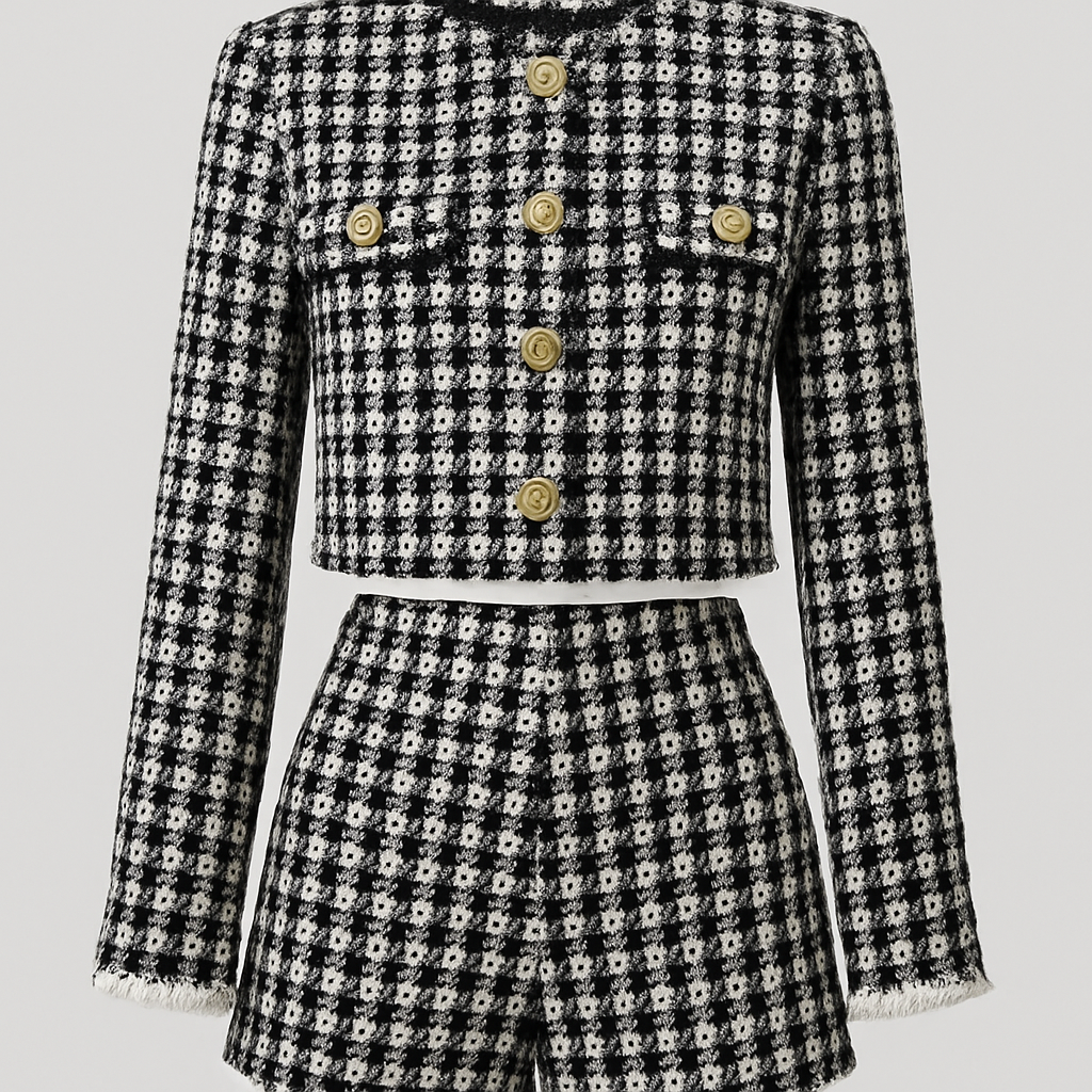 Tweed crop jacket in black and white with matching tweed shorts
Jacket slightly longer gold buttons pockets on breasts full length sleeves slight white fringe on end of sleeves
Tweed crop jacket in black and white with matching tweed shorts
Jacket slightly longer gold buttons pockets on breasts full length sleeves slight white fringe on end of sleeves