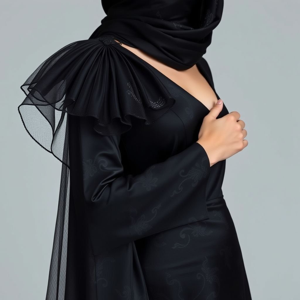 Plain Satin gown with both full sleeves for a bride which is black in colour. It also has pleats of black net stitched to the left shoulder that cross through chest covering the chest area and can be laid on right hand where the model folds hand at elbow and that’s where the net rests and the rest of the net goes to the back till floorlength. The model should wear a headscarf with embroidered net at the forehead part which is also black in colour but is opaque
Imagine a mesmerizing black satin gown that drapes elegantly, featuring full sleeves that whisper sophistication. The gown's left shoulder is adorned with delicate pleats of sheer black net, swathing the chest and cascading gracefully down the right arm, resting artfully at the elbow. The flowing net gracefully trails to the floor, creating a breathtaking silhouette. The look is completed with an opaque black headscarf, designed with intricate embroidery that glimmers softly at the forehead, evoking a sense of mystique and modern elegance—ideal for a contemporary bride who redefines tradition.