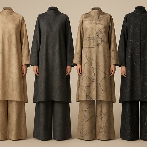 Create a modest abaya and loose pant, first of its kind, featuring a unique stone design that exudes a classy and sophisticated vibe. I'd like four designs, each showcasing different styles and fabrics. Incorporate high-end, unique chic stone designs to make them truly special. Add little sophisticated stone designs. Make it irresistible!