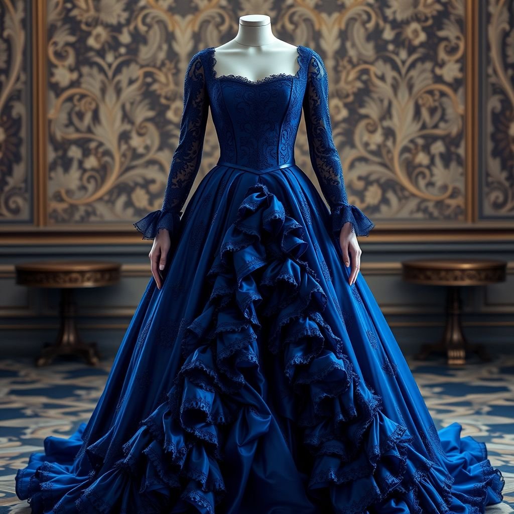 Historic fantasy ball gown with long lace sleeves a square neckline in sapphire colored with different dimensions of blue throughout. Has a long ornate skirt With lots of layers and ruffles, but a high low open front design.
A breathtaking historic fantasy ball gown, adorned in a deep sapphire hue, radiating varying shades of blue. Exquisite long lace sleeves gracefully drape, framing a bold square neckline. A voluminous skirt cascades in layers of ruffles, revealing a dramatic high-low open front, blending elegance with whimsical allure, fit for royal gatherings.
