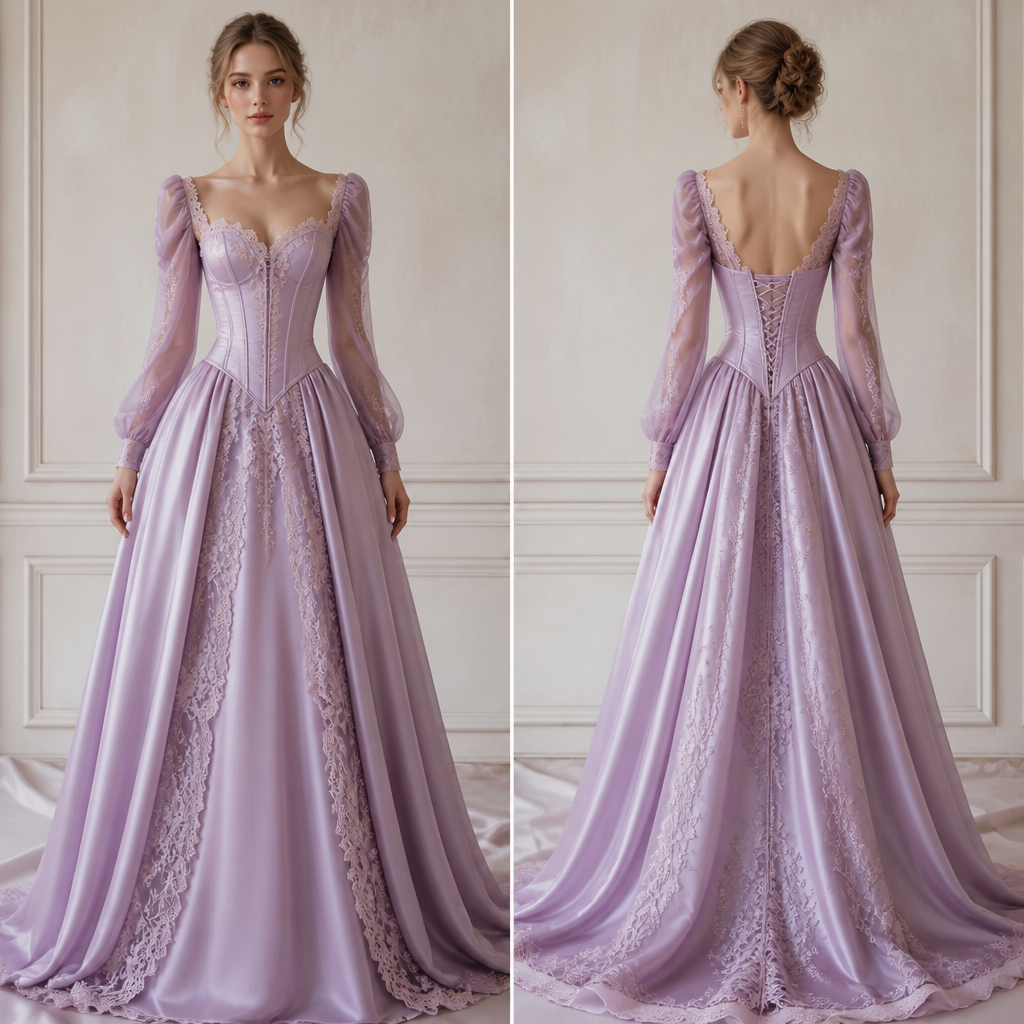 A Female Dress design, made of Silk, for Party, suitable for Spring, in Elegant + Lace style. Repunzel style dress with iconic Corset and A line skirt
photorealistic fashion design, A Female Dress design, made of Silk, for Party, suitable for Spring, in Elegant + Lace style. Repunzel style dress with iconic Corset and A line skirt, elegant style, just the design no text, show front and back