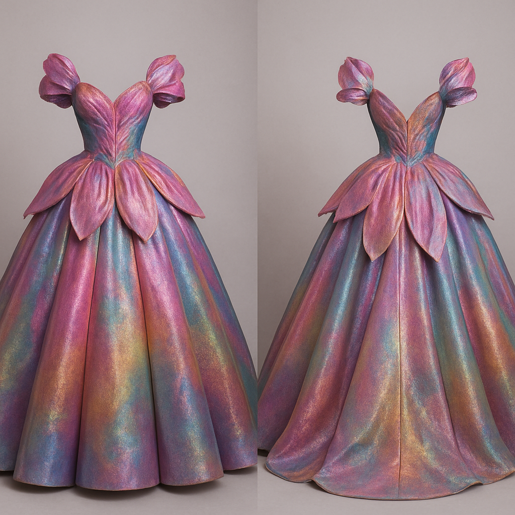 Create a colorful gown that look like a flower with iridescent touches
Create a colorful gown that look like a flower with iridescent touches, classic style, show front and back
