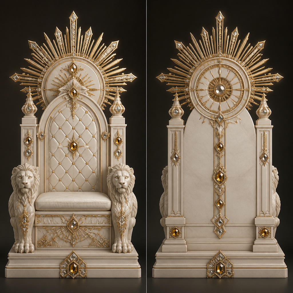 Design the royal throne of Queen Henriette, carved from ivory marble and decorated with champagne-gold architectural details. The throne features geometric royal motifs, precious gemstone inlays, sculpted lions, and elegant symmetry. Behind the throne rises a magnificent sunburst halo inspired by royal emblems and sacred geometry. The design must communicate authority, elegance, wisdom, and timeless luxury. Ultra-realistic royal furniture design, palace interior, cinematic lighting, masterpiece craftsmanship, front view.
photorealistic fashion design, Design the royal throne of Queen Henriette, carved from ivory marble and decorated with champagne-gold architectural details. The throne features geometric royal motifs, precious gemstone inlays, sculpted lions, and elegant symmetry. Behind the throne rises a magnificent sunburst halo inspired by royal emblems and sacred geometry. The design must communicate authority, elegance, wisdom, and timeless luxury. Ultra-realistic royal furniture design, palace interior, cinematic lighting, masterpiece craftsmanship, front view., just the design no text, show front and back