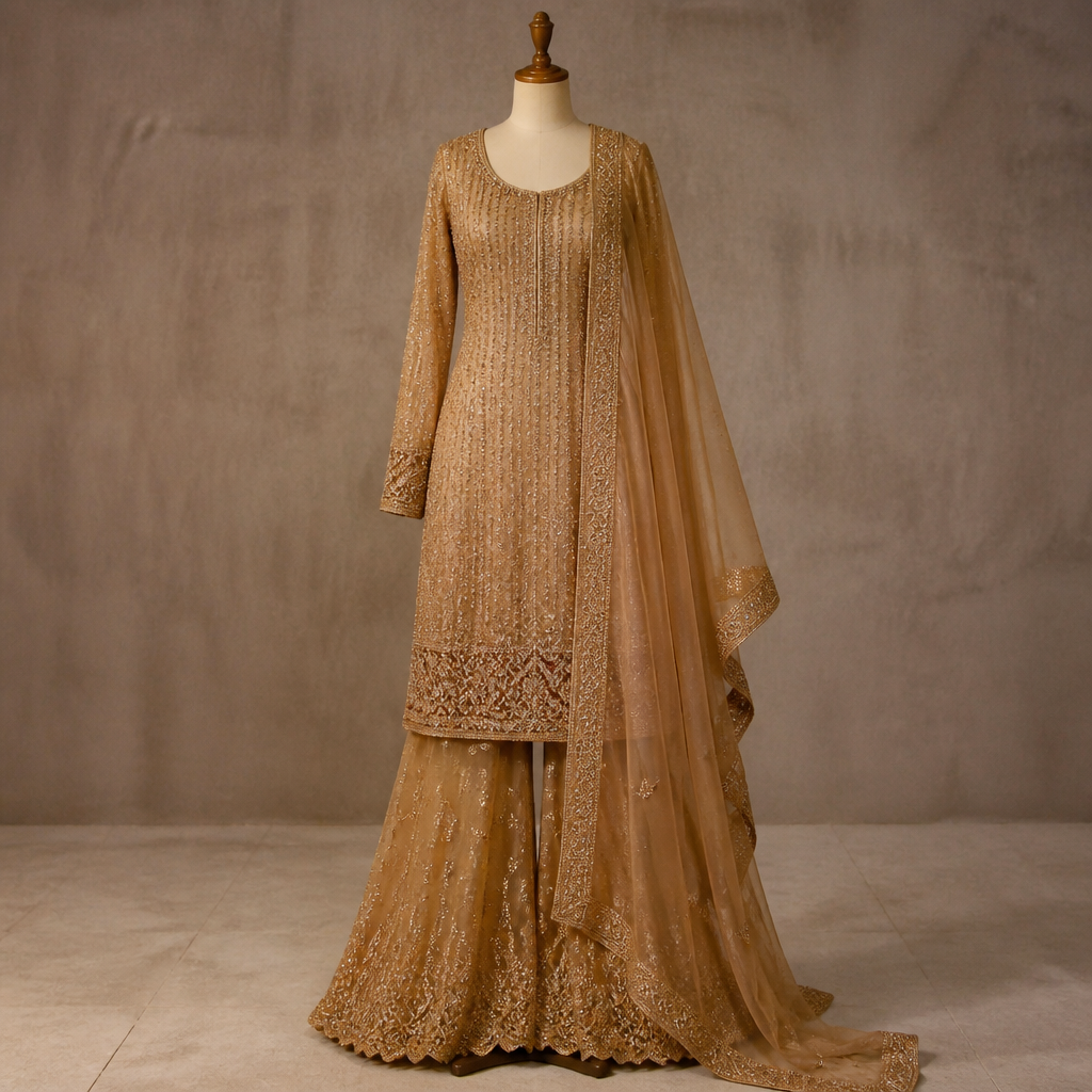 A Dress design. make plazo and shirt and its duppata is also golden. Pakistan fashion aesthetics.
photorealistic fashion design, A Dress design. make plazo and shirt and its duppata is also golden. Pakistan fashion aesthetics., just the design no text