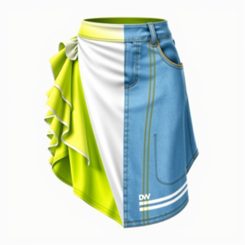 Make me a sporty skirt that resembles adidas, but add a different logo, for my brand called “Da’Vins”except add “DV” on it, put 2 stripes and make half of the skirt jean and the other half stretchy and add a little ruffles. The skirt should also look like a tennis skirt. Do a lime green and light blue with white
Design a dynamic sporty skirt inspired by tennis aesthetics, merging style and functionality. The left side features a stretchy vibrant lime green fabric with delicate ruffles, while the right showcases a rugged light blue denim. Adorned with two bold stripes and a distinctive "DV" logo, the skirt embodies energy and motion.