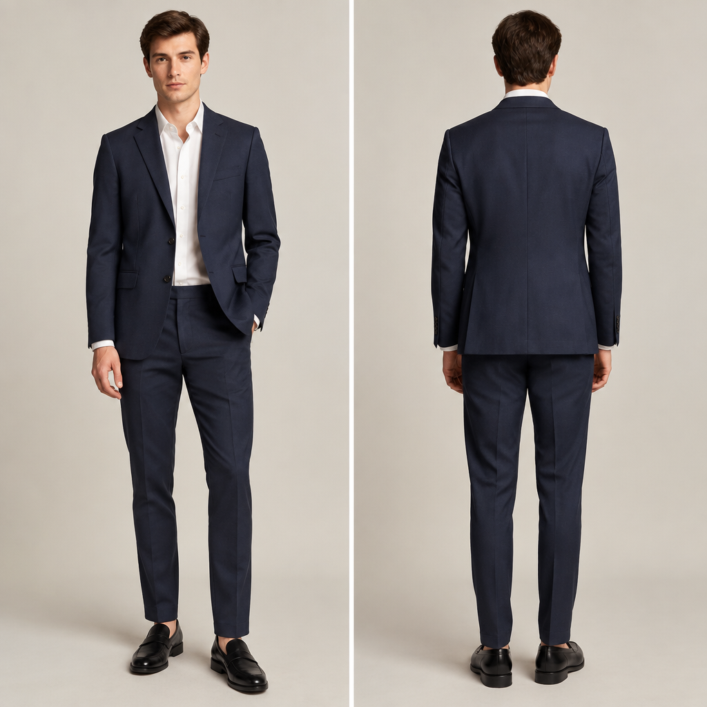 A British person with brown hair wears a white Oxford shirt with a navy blue blazer and navy blue chinos and black loafers
photorealistic fashion design, A British person with brown hair wears a white Oxford shirt with a navy blue blazer and navy blue chinos and black loafers , british style, just the design no text, show front and back