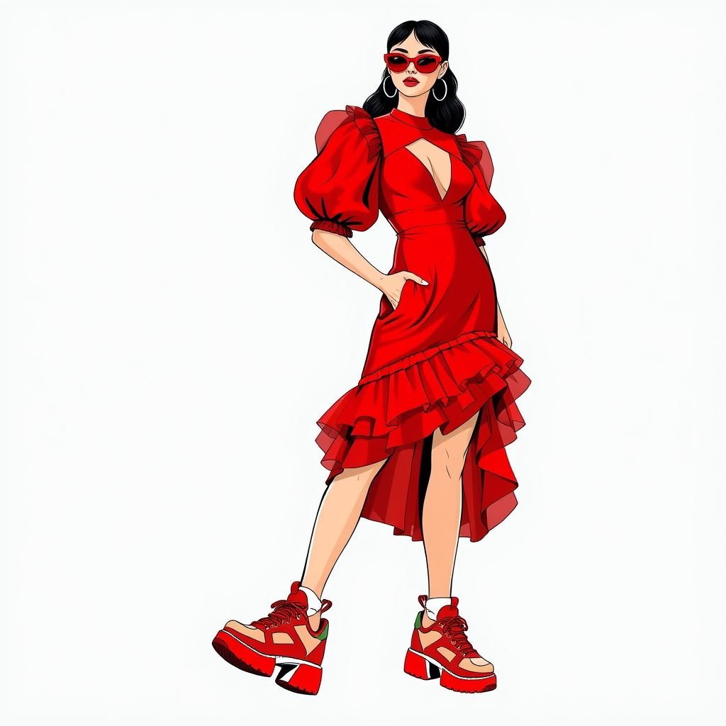 Red dress
Design a striking crimson red dress featuring a modern A-line silhouette with asymmetrical hems and playful cut-outs. Accentuate it with layered tulle for texture and statement puff sleeves. Integrate bold, retro-inspired accessories like chunky sneakers and oversized hoops. This millennial-inspired outfit should embody confidence, creativity, and a fierce sense of individuality.