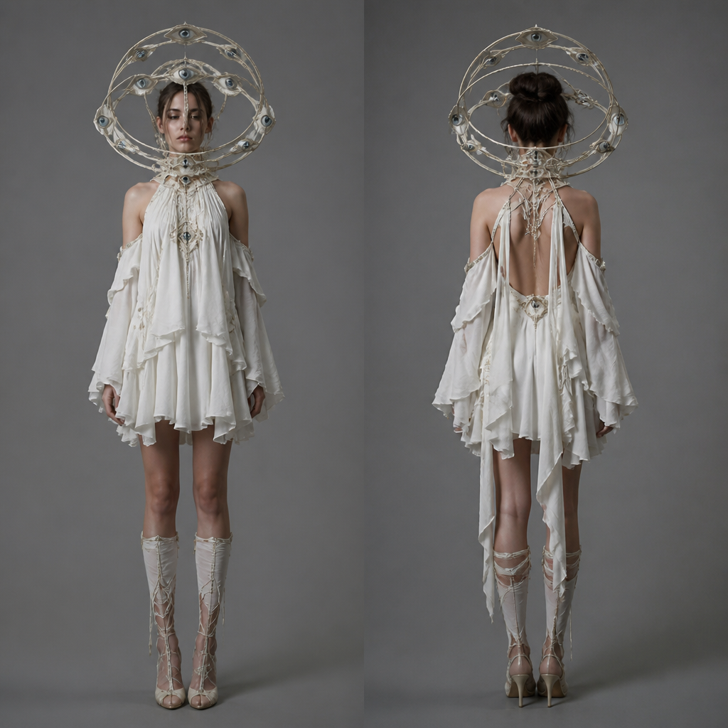 white dress, short but flowy- seraphim style with rings around the face with eyes
photorealistic fashion design, white dress, short but flowy- seraphim style with rings around the face with eyes , just the design no text, show front and back