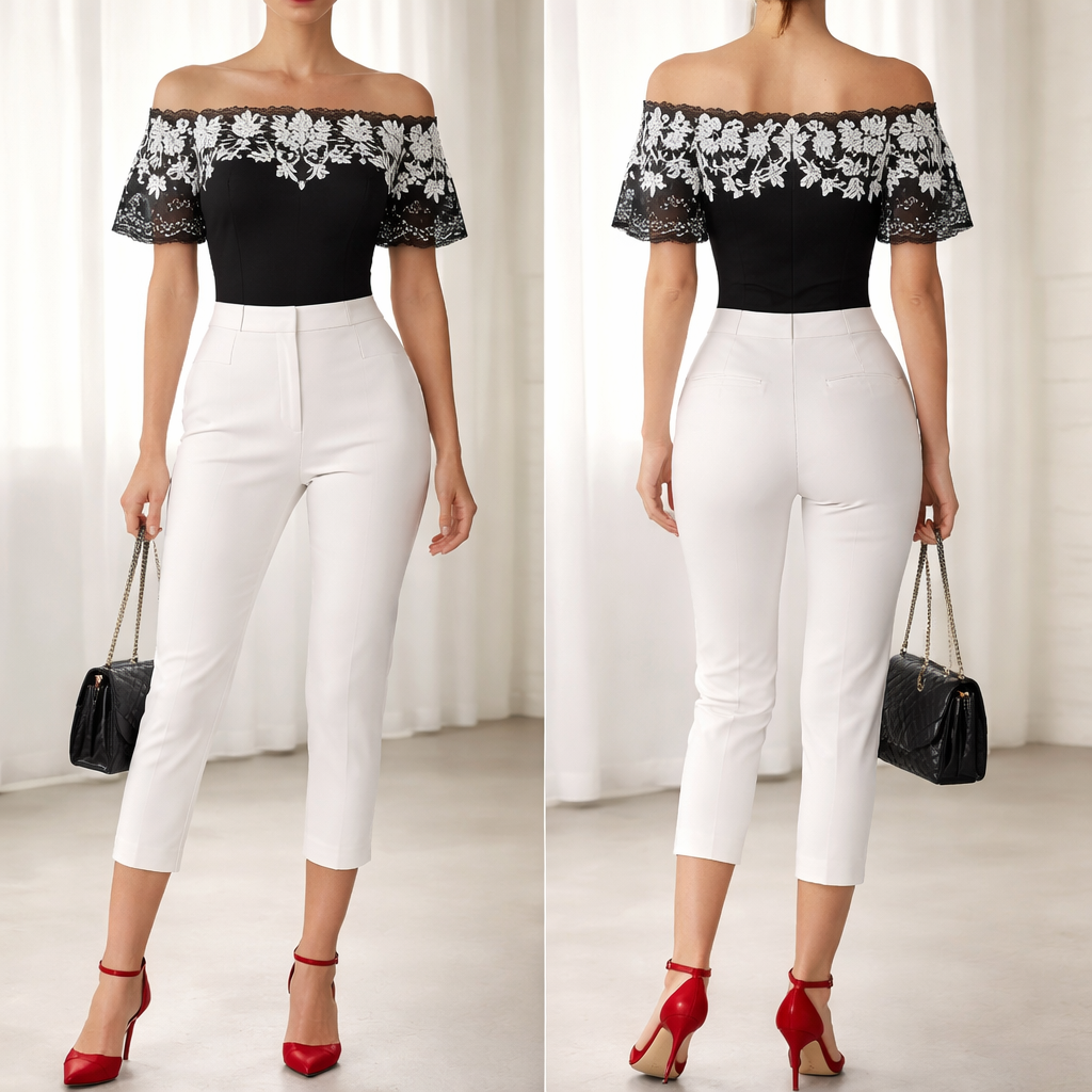 Create an Audrey inspired classic Parisian work look featuring white capri pants, strappy cherry red heels and stunning black and white off the shoulder blouse with interesting embroidered details.
Create an Audrey inspired classic Parisian work look featuring white capri pants, strappy cherry red heels and stunning black and white off the shoulder blouse with interesting embroidered details., classic style, show front and back