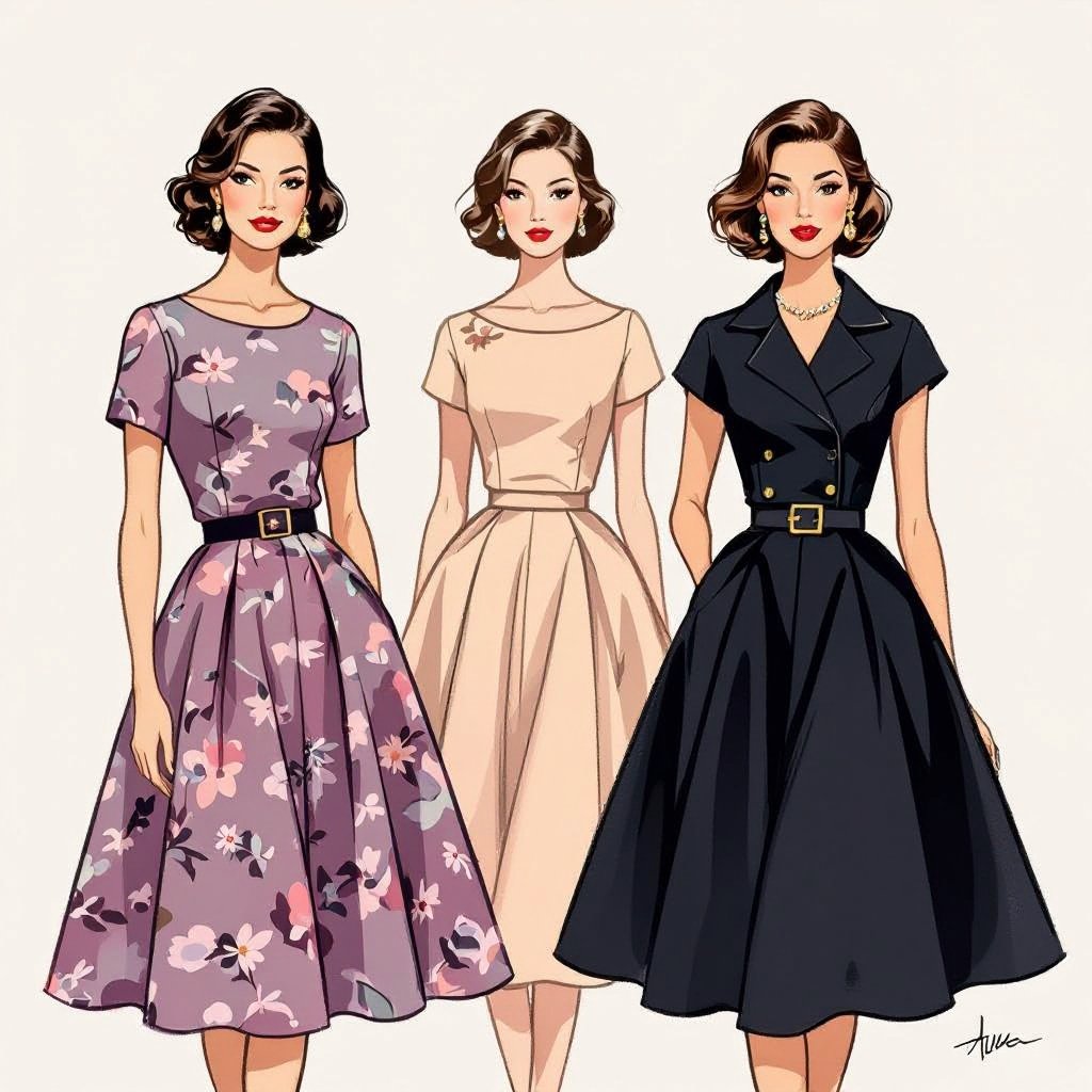 three classic inspired 50’s top and skirt set in pastel tones, runway sketch style i want the sketch to be like this
Three classic 50's inspired top and skirt sets in pastel tones, runway sketch style. The tops feature a fitted bodice and short sleeves. The skirts are full and knee-length.