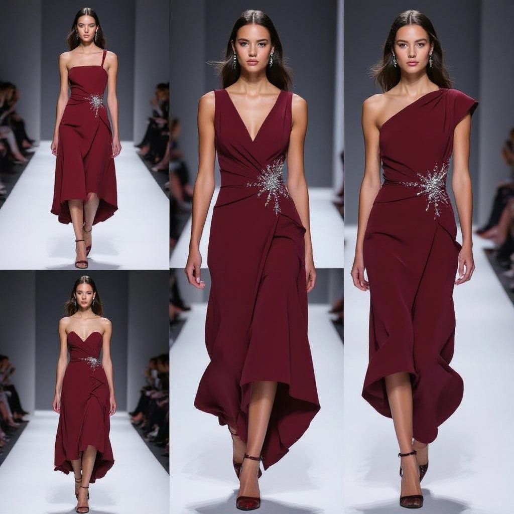 A midi dress that is suitable to wear for an engagement dinner that will stand out in burgundy color. Also it has to be unique in terms of cut style and it can have rhinestones. The Dress could be also brown or black.
Runway fashion: Runway: Burgundy midi dress, unique cut, asymmetrical hem. Rhinestone embellishments. Also in black or brown.