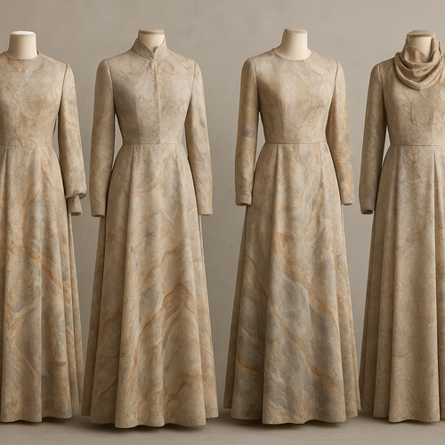 Create a modest dresses, the first of its kind, featuring a unique stone design that exudes a classy and sophisticated vibe. I'd like four designs, each showcasing different styles and fabrics. Incorporate high-end, unique chic stone designs to make them truly special. Add little sophisticated stone designs.