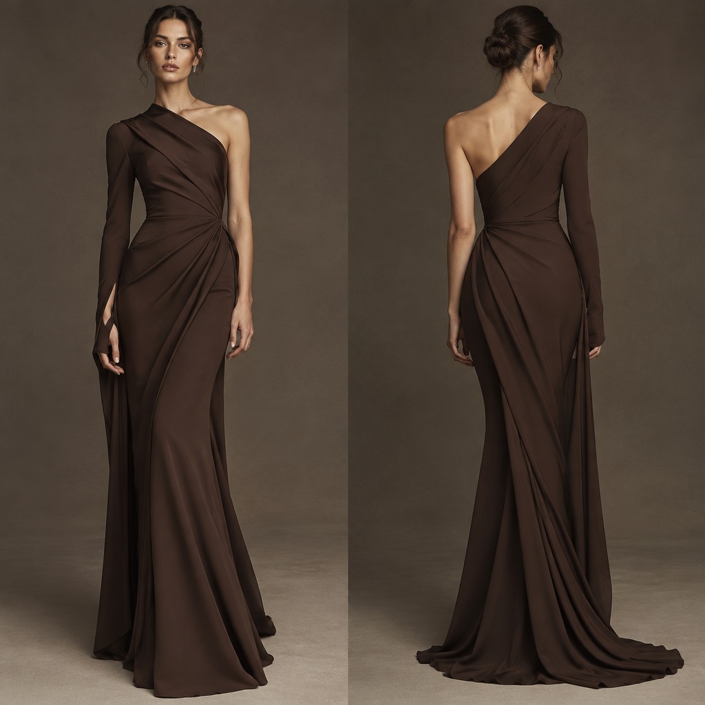 A Female Dress design, suitable for Fall. A completely original asymmetric sleeve design: one arm has a long, extremely fitted sculptural sleeve that follows the shape of the arm and extends slightly over the hand, with a subtle architectural opening near the wrist. The other shoulder is completely bare. The sleeve should connect seamlessly to the diagonal neckline and continue into the waist draping, creating one continuous flowing design line. No puff sleeves, no ordinary long sleeves, no lace. Elegant, modern, sophisticated and couture.. AZ fashion aesthetics. Present it as professional fashion catalogue photography: the garment is the subject, shown full-length with editorial styling, neutral posing and tasteful, non-suggestive framing.
photorealistic fashion design, A Female Dress design, suitable for Fall. A completely original asymmetric sleeve design: one arm has a long, extremely fitted sculptural sleeve that follows the shape of the arm and extends slightly over the hand, with a subtle architectural opening near the wrist. The other shoulder is completely bare. The sleeve should connect seamlessly to the diagonal neckline and continue into the waist draping, creating one continuous flowing design line. No puff sleeves, no ordinary long sleeves, no lace. Elegant, modern, sophisticated and couture.. AZ fashion aesthetics. Present it as professional fashion catalogue photography: the garment is the subject, shown full-length with editorial styling, neutral posing and tasteful, non-suggestive framing., just the design no text