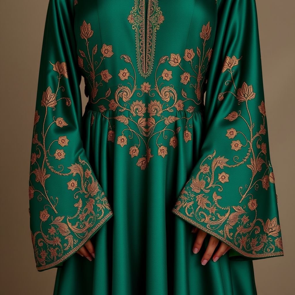 She: A flowing, A-line dress, designed to resemble an abaya. The fabric is a rich, jewel-toned color. Intricate, eye-catching embroidery adorns the sleeves and bodice. Perhaps a floral or geometric pattern in metallic thread.
She: A mesmerizing A-line dress mimicking an abaya, crafted from luxurious silk in deep emerald green. The flowing silhouette drapes elegantly, while intricate gold embroidery of swirling vines and delicate blossoms adorns the sleeves and bodice. Vintage-inspired bell sleeves add drama, making this piece a captivating blend of tradition and modernity.