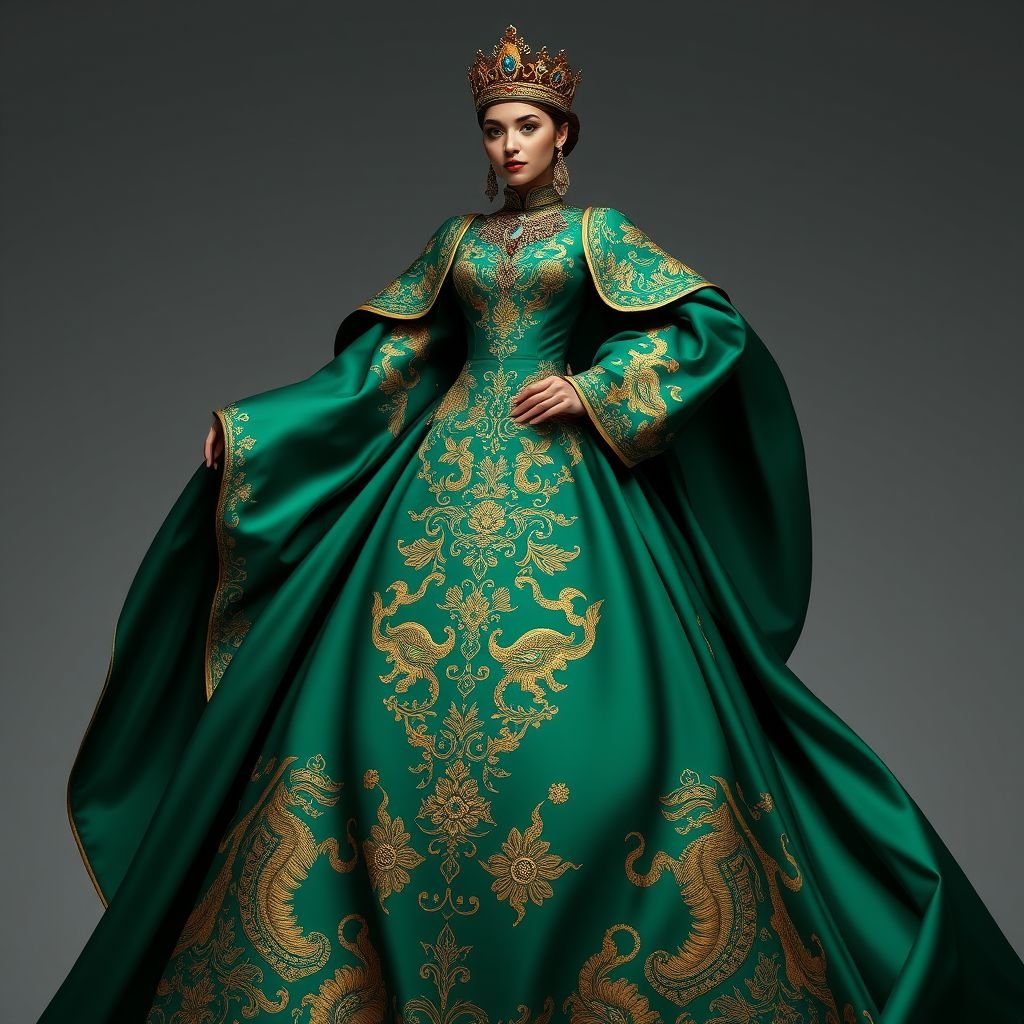 زي الملكه شبعاد
"زي الملكة شبعاد" draws inspiration from ancient royal attire, merging opulence with modern elegance. Imagine a flowing gown in deep emerald silk, adorned with intricate gold embroidery depicting mythical creatures. A regal high collar frames a jeweled neckline, while billowing sleeves cascade gracefully. Pair it with an ornate crown and dramatic cape.