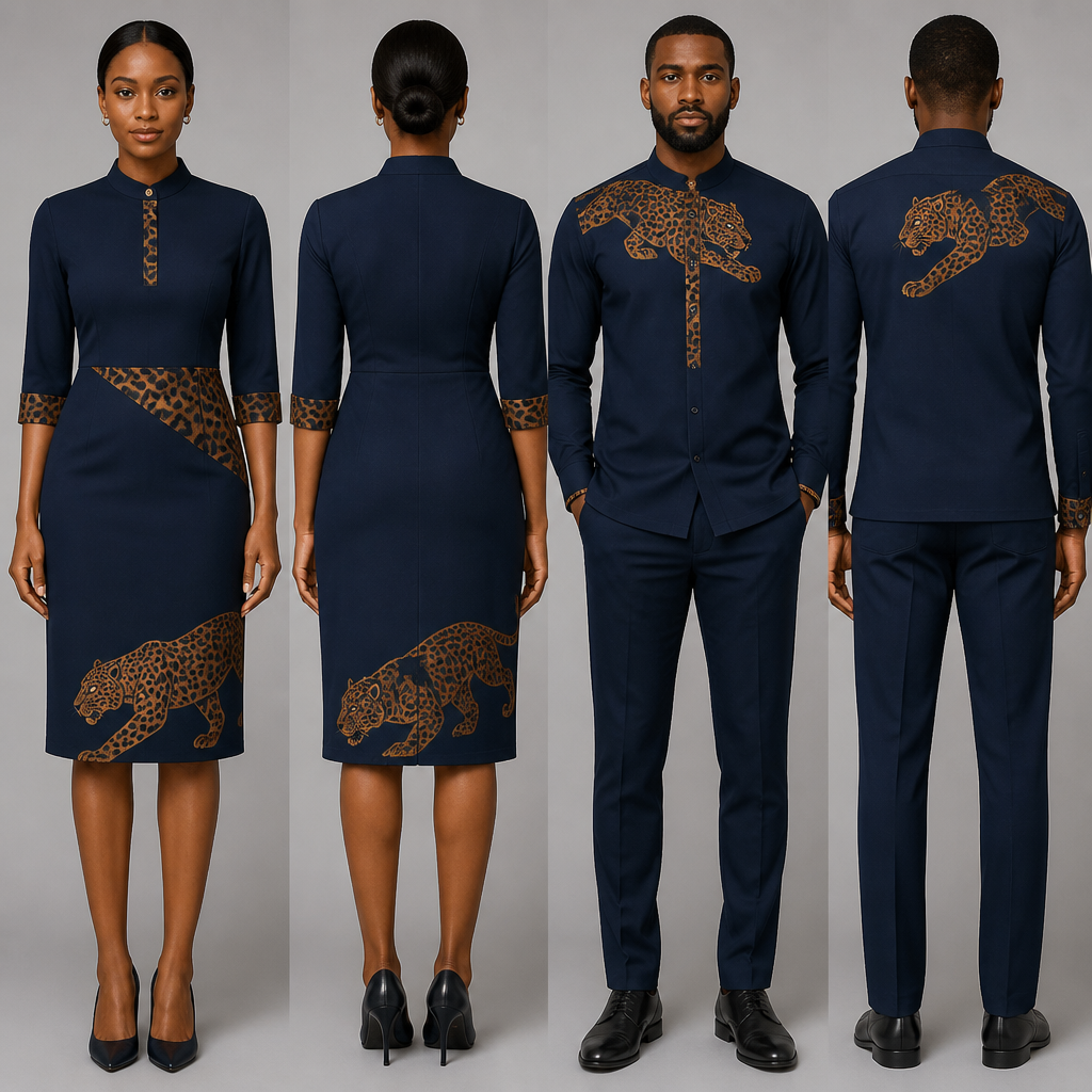 Robe hôtesse restaurant droite avec des designs IA en motifs tissu panthères noir et marron, de même pour homme chemise et pantalon, style africain.
Couleur du vêtement bleu marine
photorealistic fashion design, Robe hôtesse restaurant droite avec des designs IA en motifs tissu panthères noir et marron, de même pour homme chemise et pantalon, style africain.
Couleur du vêtement bleu marine , office style, just the design no text, show front and back