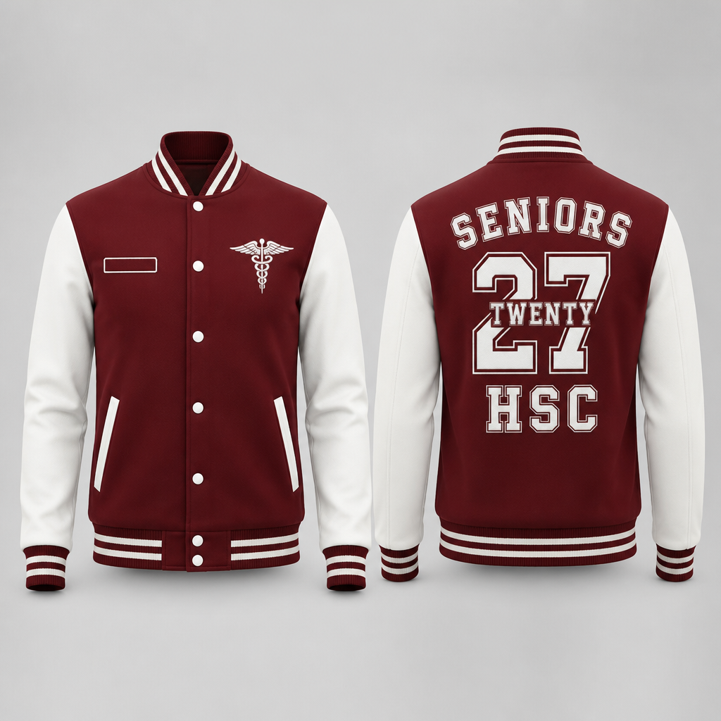 Quiero que me hagas una sudadera tipo universitaria de botones, color rojo cereza y mangas blancas , que en la parte de atrás en la parte superior diga seniors, en medio diga 27 y entre medio de estos dos números diga twenty y en la parte de abajo diga HSC, en la parte de enfrente del lado derecho arriba que diga el nombre “Alberto” al lado izquierdo algo relacionado con doctor enfermero y eso, que es de nuestra capacitación
photorealistic fashion design, Quiero que me hagas una sudadera tipo universitaria de botones, color rojo cereza y mangas blancas , que en la parte de atrás en la parte superior diga seniors, en medio diga 27 y entre medio de estos dos números diga twenty y en la parte de abajo diga HSC, en la parte de enfrente del lado derecho arriba que diga el nombre “Alberto” al lado izquierdo algo relacionado con doctor enfermero y eso, que es de nuestra capacitación , just the design no text