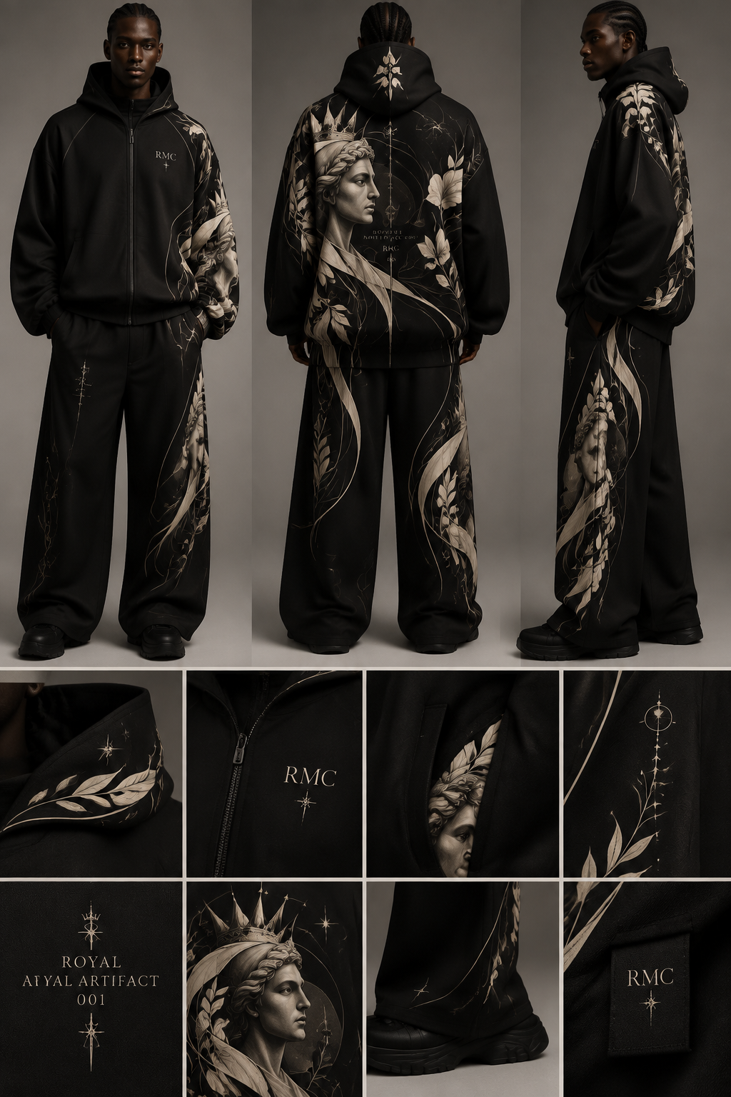Create an original premium RMC tracksuit called “ROYAL ARTIFACT 001.” This must look like a completely original fashion-art piece, not a generic streetwear tracksuit. Deep matte black and warm ivory only. Smooth structured premium technical fabric with a sophisticated subtle sheen. Relaxed elongated oversized silhouette with elegant proportions. No elastic ankle cuffs and no elastic sleeve cuffs. One controlled waistband only. Create ONE continuous original signature artwork inspired by royal portraiture, sculptural human form, crown geometry, flowing architectural lines, botanical curves and subtle celestial symbols. Do not copy any existing artwork, brand or reference. Make the artwork travel across the garment: enormous back artwork broken naturally by construction seams, continuing over one shoulder and sleeve, disappearing underneath the sleeve and reappearing near the hem, with a separate section integrated into the pocket opening. Continue the same artwork diagonally from the outer trouser thigh toward the back of the calf. Add a tiny hidden continuation on the opposite trouser leg and a subtle continuation around the hood edge. Integrate a sophisticated standalone RMC symbol and RMC wordmark into the garment without making them oversized. The artwork must feel hand-drawn, iconic, mysterious, sophisticated and instantly recognizable. The garment should look like wearable art from a major fashion-house runway: extremely refined, memorable, futuristic but timeless, unusual construction, perfect balance of negative space and artwork, front and back views, full tracksuit visible.
Create an original premium RMC tracksuit called “ROYAL ARTIFACT 001.” This must look like a completely original fashion-art piece, not a generic streetwear tracksuit. Deep matte black and warm ivory only. Smooth structured premium technical fabric with a sophisticated subtle sheen. Relaxed elongated oversized silhouette with elegant proportions. No elastic ankle cuffs and no elastic sleeve cuffs. One controlled waistband only. Create ONE continuous original signature artwork inspired by royal portraiture, sculptural human form, crown geometry, flowing architectural lines, botanical curves and subtle celestial symbols. Do not copy any existing artwork, brand or reference. Make the artwork travel across the garment: enormous back artwork broken naturally by construction seams, continuing over one shoulder and sleeve, disappearing underneath the sleeve and reappearing near the hem, with a separate section integrated into the pocket opening. Continue the same artwork diagonally from the outer trouser thigh toward the back of the calf. Add a tiny hidden continuation on the opposite trouser leg and a subtle continuation around the hood edge. Integrate a sophisticated standalone RMC symbol and RMC wordmark into the garment without making them oversized. The artwork must feel hand-drawn, iconic, mysterious, sophisticated and instantly recognizable. The garment should look like wearable art from a major fashion-house runway: extremely refined, memorable, futuristic but timeless, unusual construction, perfect balance of negative space and artwork, front and back views, full tracksuit visible., streetwear style