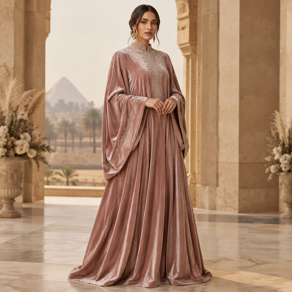 A Female Dress design, made of Velvet, with a light, flowing drape, with an Oversized silhouette, with modest, full coverage: longer hemlines, higher necklines and covered shoulders, in a Pastels color palette, for Wedding, suitable for Fall, suited to a Temperate climate, in Classic + Boho Chic style, shown on a model with medium skin tone and an athletic build. Egypt fashion aesthetics. Present it as professional fashion catalogue photography: the garment is the subject, shown full-length with editorial styling, neutral posing and tasteful, non-suggestive framing.
photorealistic fashion design, A Female Dress design, made of Velvet, with a light, flowing drape, with an Oversized silhouette, with modest, full coverage: longer hemlines, higher necklines and covered shoulders, in a Pastels color palette, for Wedding, suitable for Fall, suited to a Temperate climate, in Classic + Boho Chic style, shown on a model with medium skin tone and an athletic build. Egypt fashion aesthetics. Present it as professional fashion catalogue photography: the garment is the subject, shown full-length with editorial styling, neutral posing and tasteful, non-suggestive framing., classic style, just the design no text