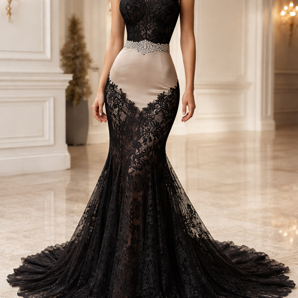 Create for me a black lace dress sleeveless the waist part is beige satin from the hips, down, it’s black lace till the knees then flair’s out to the ground. On the waist, they’re rhinestones around the belt.
Create for me a black lace dress sleeveless the waist part is beige satin from the hips, down, it’s black lace till the knees then flair’s out to the ground. On the waist, they’re rhinestones around the belt.