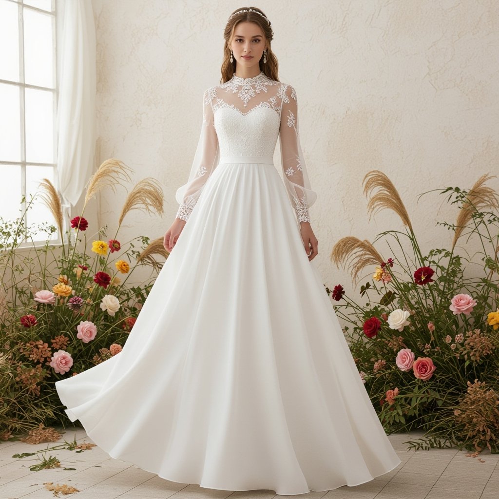 Beauty and the beast wedding dress modest
Light Academia fashion: Light Academia: Soft white cotton wedding dress, long sleeves, high neckline, flowing skirt.