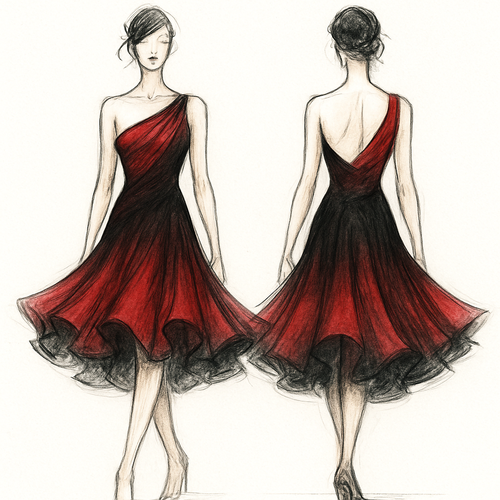 rumba dance dress, one shoulder design, inspired by American Smooth style, elegant and sexy, flared skirt that spreads beautifully when spinning, red and black gradient fabric, chiffon layers, fashion sketch style, front and back view