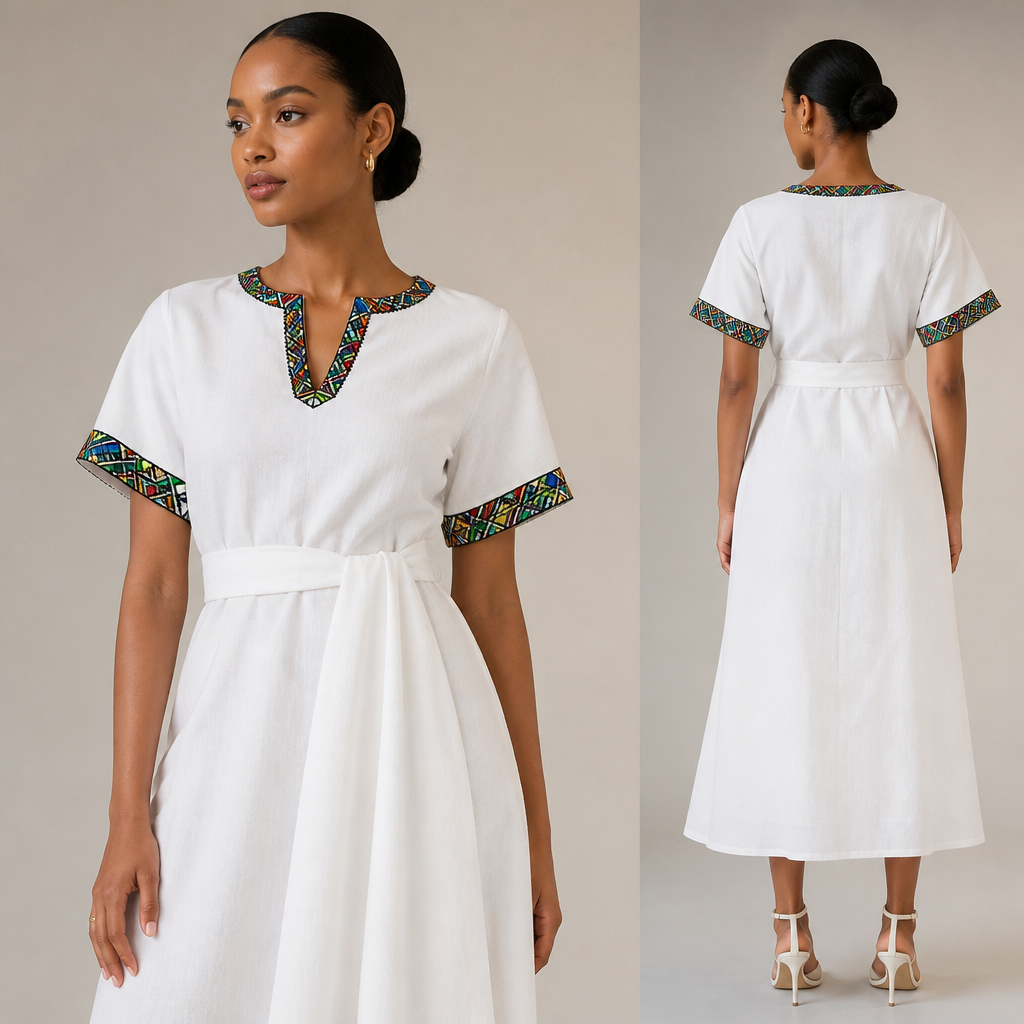 A Female fashion design. A simple yet chic white dress featuring subtle details from the provided traditional Ethiopian pattern. The colorful embroidery is applied minimally on the collar and edge of the sleeves. Modern silhouette, lightweight fabric, stylish and clean design.. Ethiopia fashion aesthetics.
photorealistic fashion design, A Female fashion design. A simple yet chic white dress featuring subtle details from the provided traditional Ethiopian pattern. The colorful embroidery is applied minimally on the collar and edge of the sleeves. Modern silhouette, lightweight fabric, stylish and clean design.. Ethiopia fashion aesthetics., just the design no text