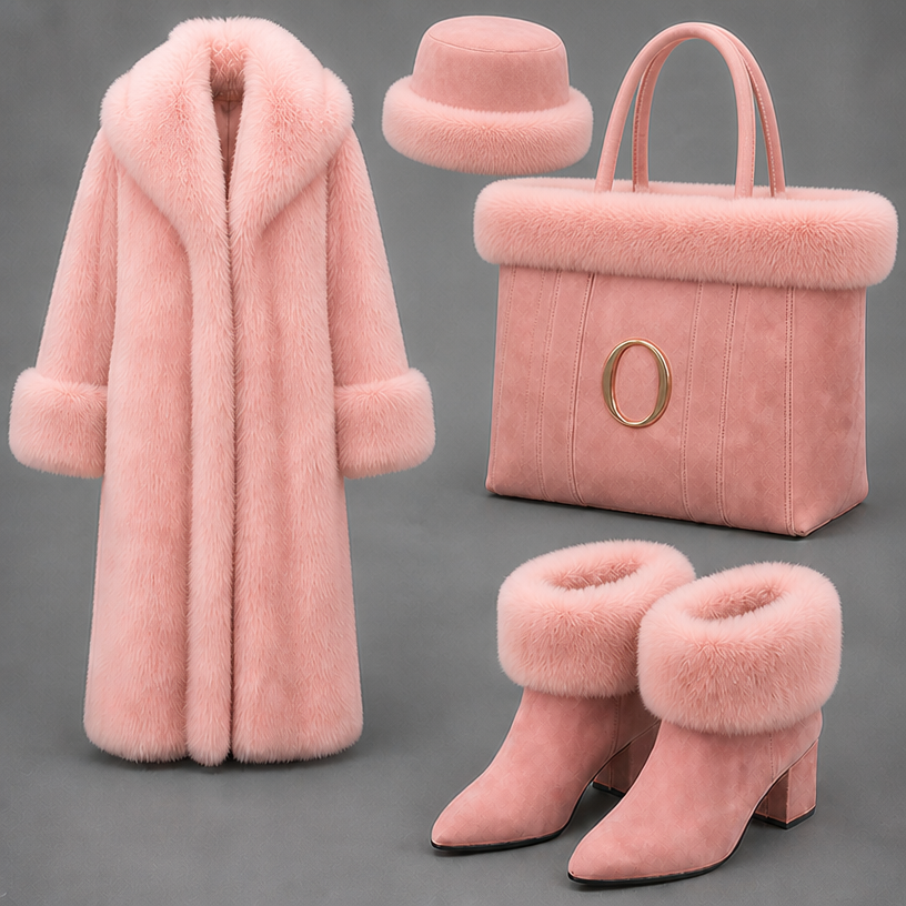 Add a fitted hat all pink suede with a fur band all the way around the hat
edit the attached fashion design with these instructions: Add a fitted hat all pink suede with a fur band all the way around the hat. keep it photorealistic, just the design no text