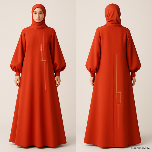 modern, A-line abaya in a bold color. Features statement sleeves and minimalist, geometric embroidery. Stylish, modest, and perfect for everyday wear. And that is not out there yet. Making the designs in different colors and high end that will stand out for my clothing brand “The Modest Fleur