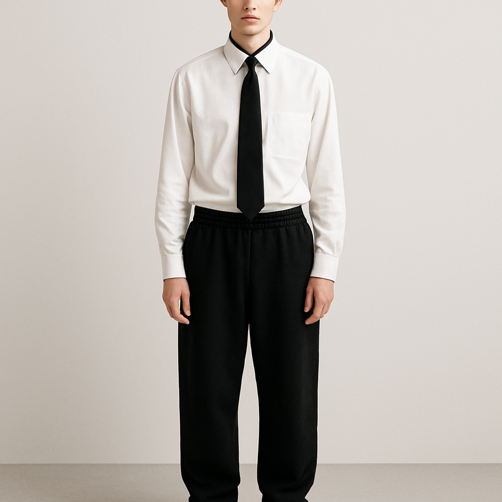 White plain long sleeve shirt with black button shirt up underneath showing black collar and oversized black sweat pants and add a tie, show head to toe
White plain long sleeve shirt with black button shirt up underneath showing black collar and oversized black sweat pants and add a tie, show head to toe, business style