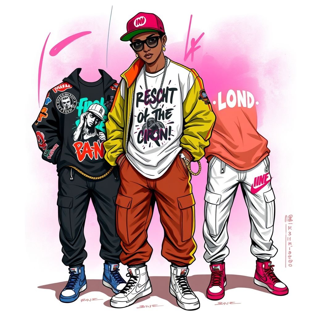 Birthday night out
Design a vibrant hip-hop birthday night out ensemble featuring oversized graphic tees layered with a bold bomber jacket adorned with graffiti art. Incorporate metallic chain accessories, baggy cargo pants, and sleek high-top sneakers. Add a stylish snapback hat and statement earrings, creating a youthful, energetic look perfect for celebrating.