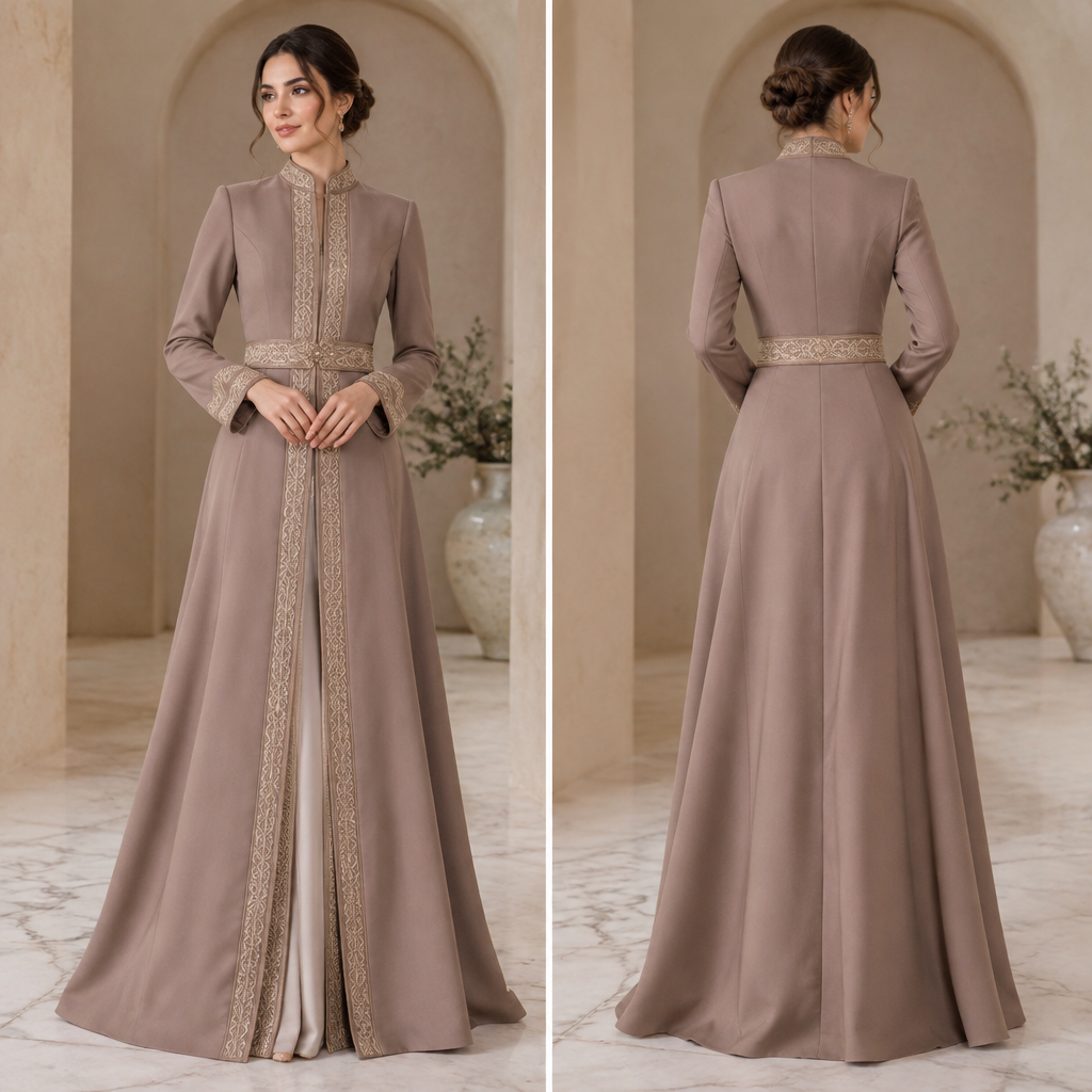 A Female Dress design, with a sleek, smooth finish, with a Tailored silhouette, in a Muted & Dusty color palette, suitable for Winter, in Elegant style. je veux un modèle élégant simple entre traditionnel et me moderne pour fete en Algérie. Algeria fashion aesthetics. Present it as professional fashion catalogue photography: the garment is the subject, shown full-length with editorial styling, neutral posing and tasteful, non-suggestive framing.
photorealistic fashion design, A Female Dress design, with a sleek, smooth finish, with a Tailored silhouette, in a Muted & Dusty color palette, suitable for Winter, in Elegant style. je veux un modèle élégant simple entre traditionnel et me moderne pour fete en Algérie. Algeria fashion aesthetics. Present it as professional fashion catalogue photography: the garment is the subject, shown full-length with editorial styling, neutral posing and tasteful, non-suggestive framing., elegant style, just the design no text, show front and back
