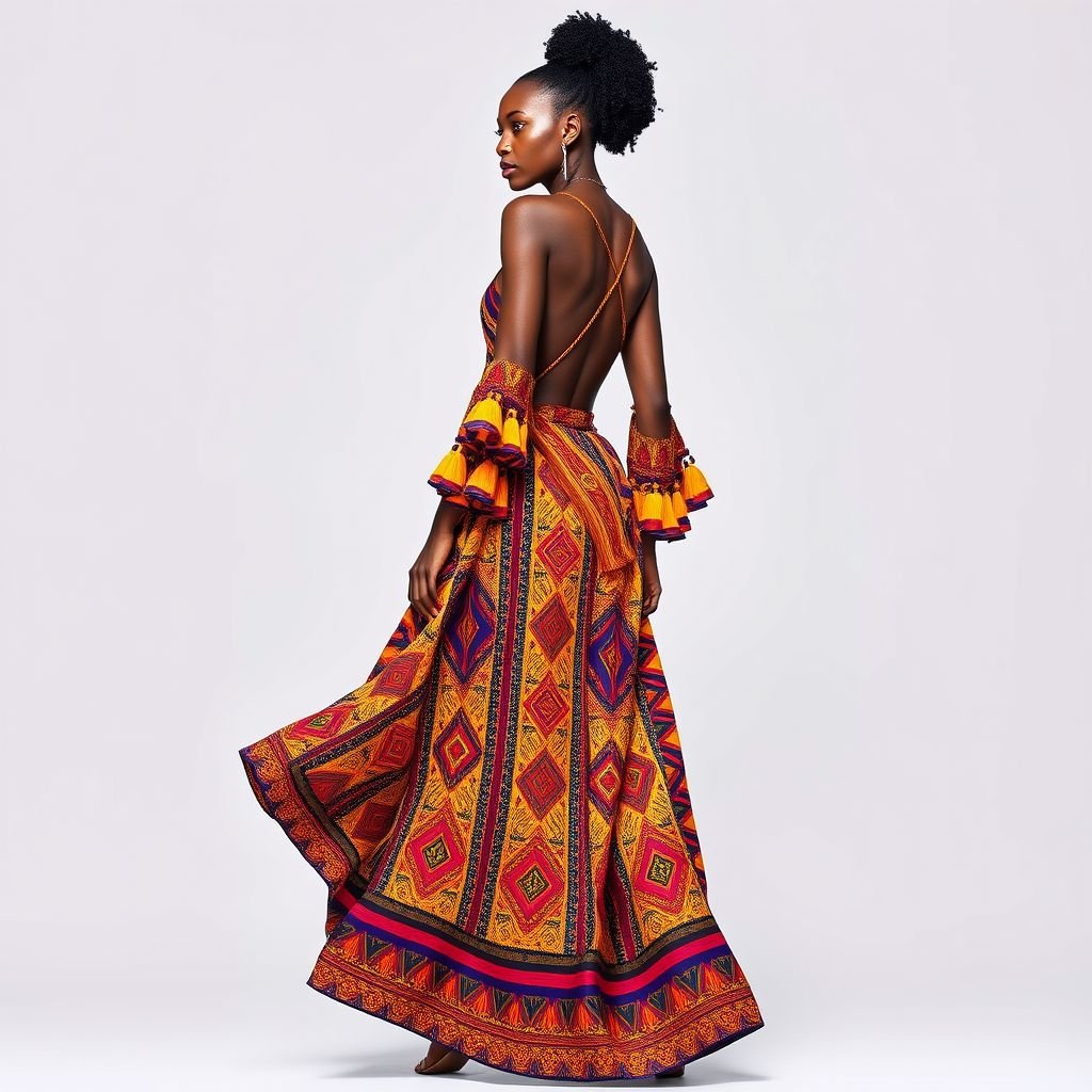 top model in long flowing light crepe printed dress with cross back
Envision a top model adorned in a vibrant African-inspired long flowing dress crafted from light crepe, showcasing intricate tribal prints featuring bold colors and geometric patterns. The dress features a stunning cross-back design, accented with traditional beadwork and fringes, embodying the spirit and elegance of contemporary African fashion.