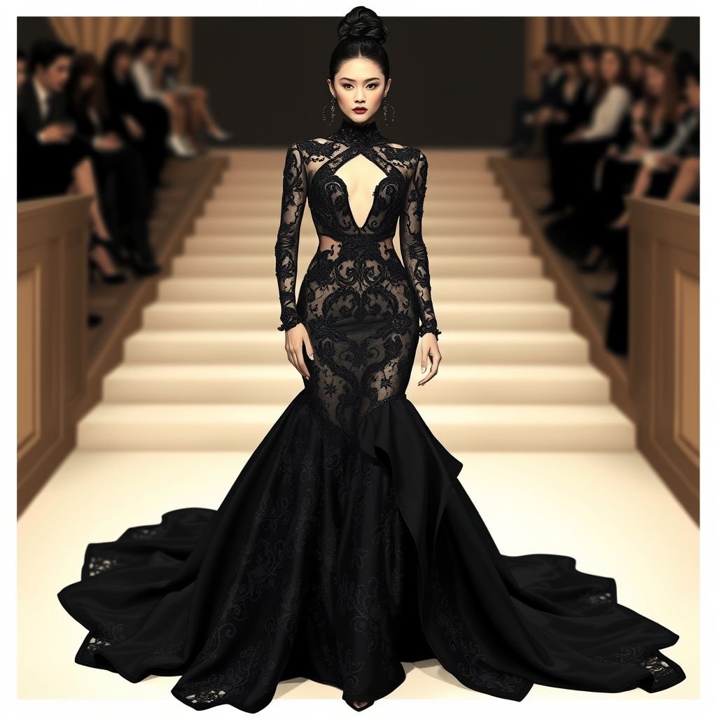 met gala worthy black dress but has never been worn
Create an opulent Met Gala-worthy black dress that blends Gothic elegance with avant-garde silhouettes. The gown features intricate lace overlays, shimmering beadwork, and a dramatic train. An asymmetrical neckline and bold cutouts reveal hints of skin, while angular structured peplums add a powerful, modern edge. Perfect for making a grand entrance.