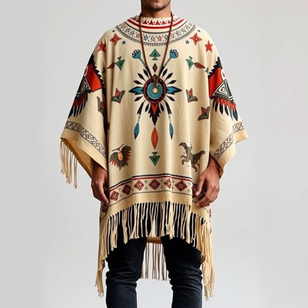 Nood color boho poncho for man which is handpainted of american indian man
Envision a lightweight, nude-colored boho poncho for men, adorned with intricate hand-painted motifs inspired by American Indian culture. The design features bold symbols of nature and heritage, flowing fringes at the hem, and oversized sleeves. It embodies a fusion of urban style and spiritual connection, perfect for free-spirited individuals.