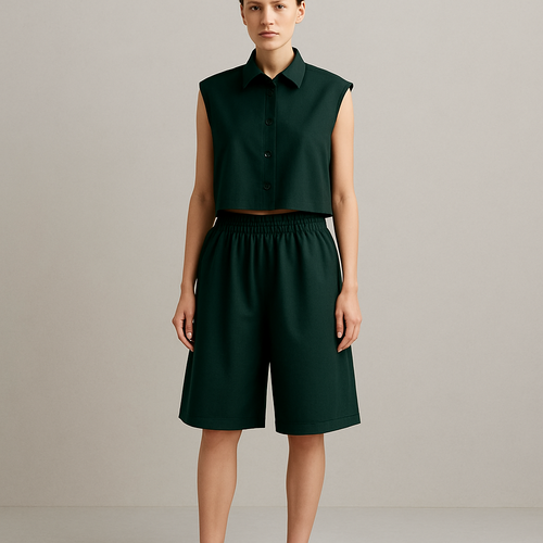 Dark green Cropped boxy button up sleeveless shirt with oversized below knee basketball shirt shorts  without jacket. Show head to toe one woman