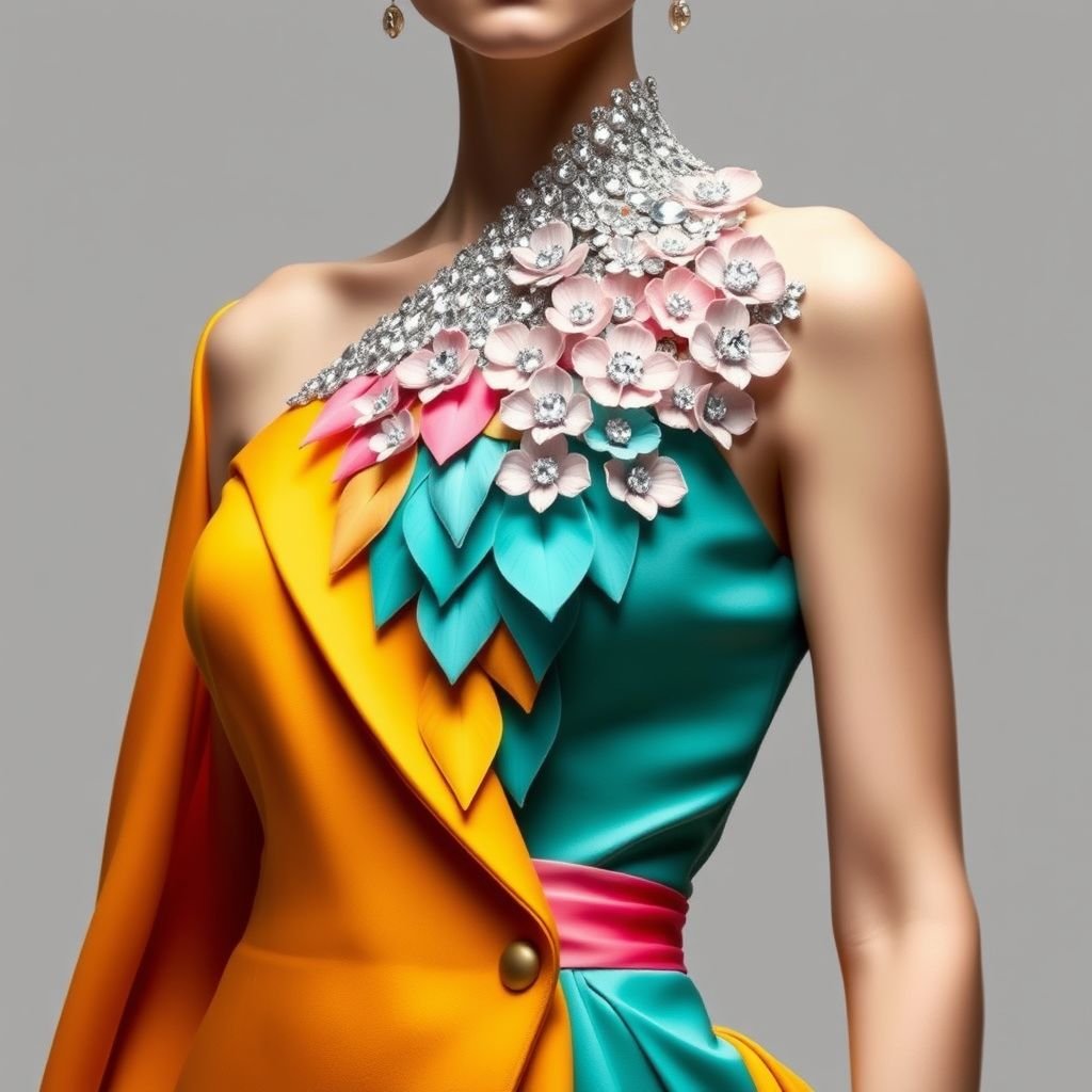 Create a beautiful Gown with structured top that looks like a suit, but one handed and also designed with crystals and on the side that has that has a sleeve. It should have three colors and on the edge of the collar. It should be a flower pedal so that all the other colors look like part of the flower. Make it one sleeve and the collar should start from the right to the left and the base of the collar should be a flower and the three colors that follow it is gonna look like petals join to the flowers. Make the right side sleeveless with the shoulder bare,
Design a stunning haute couture gown featuring an asymmetrical structure that marries the elegance of a tailored suit with the fluidity of high fashion. The one-shoulder silhouette highlights a shimmering collar adorned with crystal-encrusted flower petals, elegantly cascading down in three harmonious colors. The sleeveless right side accentuates the model's shoulder, while intricate floral detailing at the neck adds a dramatic, romantic touch. The gown's luxurious fabric drapes beautifully, creating a captivating interplay of modern sophistication and natural beauty.