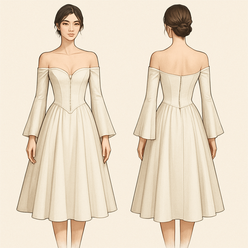 Off shoulder dress that shows a little cleavage with a corset bodice, the sleeves are long and flare out towards the ends. The skirt part goes to the knees and is like a princess skirt although not as poofy