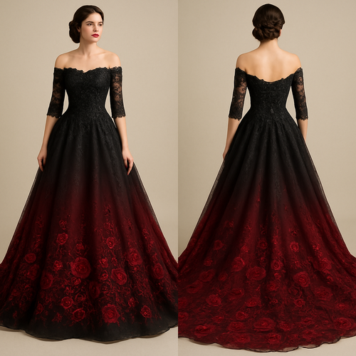 Lace Black A-line off-the-shoulder 1/3 lace sleeves wedding dress with long royal train. Corset back, with embroidered sequin beading on the top. The bottom fades into red with embroidered red sequined roses.
