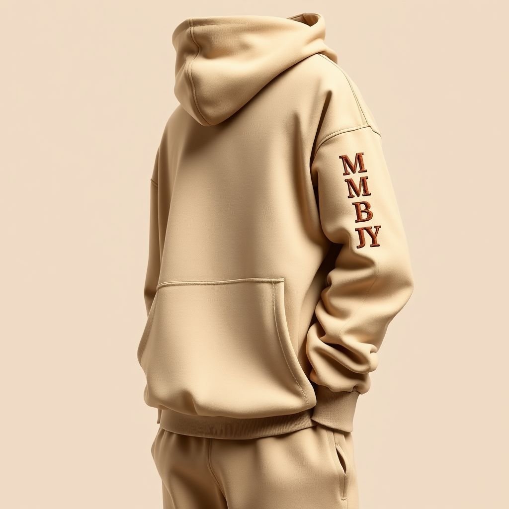 Plain taupe hoodie and matching straight leg sweatpants with the letters HMBDY embroidered in the color brown in small font on the left sleeve of the hoodie. The hoodie should have hidden pockets on the left and right sides. No front pouch.
Design a minimalist athleisure set featuring a plain taupe hoodie and straight-leg sweatpants. The hoodie should have a clean silhouette, with hidden pockets on each side and no front pouch for a sleek look. Embroider the letters "HMBDY" discreetly in brown on the left sleeve for understated branding.
