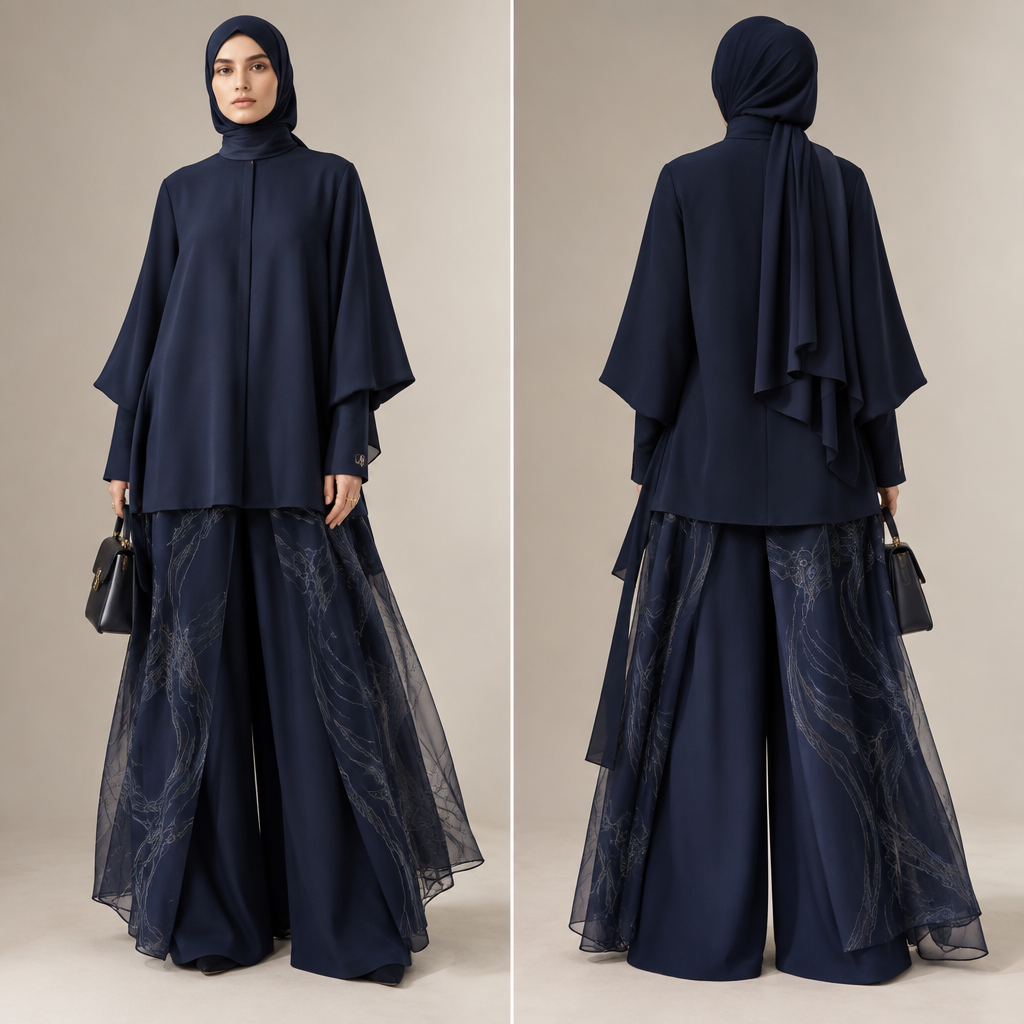 Create a high-fashion modest womenswear outfit for the first collection “AZUR” by the fashion brand UFSHAT DUKJE. The main color is deep dark navy blue. The outfit consists of very wide-leg, flowing high-waisted trousers and a loose, elongated oversized shirt worn over them. The shirt has a unique layered sleeve construction: the outer sleeves are wide, loose and flowing, while a separate fitted inner sleeve with a clean cuff extends from underneath at the wrists, creating a visible layered effect. Add a subtle embroidered UD monogram on the cuff. The shirt should have a clean minimal front, an elegant stand collar, hidden buttons and small side slits. Over the trousers, add a lightweight, semi-transparent mesh wrap layer resembling a long skirt overlay. It is NOT a normal fitted skirt: it should be loose, airy and draped around the trousers, with long elegant ties at the side so it can be removed. The mesh overlay should feature a sophisticated original AZUR pattern. The silhouette must be modest, fully covered, elegant and contemporary, with interesting designer construction rather than basic clothing. Add a matching navy hijab, structured minimal handbag and subtle gold accessories. Luxury fashion editorial aesthetic, sophisticated Italian-American fashion influence, clean studio background, realistic high-end fashion photography, full-body view, front-facing model, detailed fabric textures, professional garment construction, refined and expensive appearance. No exposed skin, no tight clothing, no short skirt, no excessive decorations.. Russia fashion aesthetics. Present it as professional fashion catalogue photography: the garment is the subject, shown full-length with editorial styling, neutral posing and tasteful, non-suggestive framing.
photorealistic fashion design, Create a high-fashion modest womenswear outfit for the first collection “AZUR” by the fashion brand UFSHAT DUKJE. The main color is deep dark navy blue. The outfit consists of very wide-leg, flowing high-waisted trousers and a loose, elongated oversized shirt worn over them. The shirt has a unique layered sleeve construction: the outer sleeves are wide, loose and flowing, while a separate fitted inner sleeve with a clean cuff extends from underneath at the wrists, creating a visible layered effect. Add a subtle embroidered UD monogram on the cuff. The shirt should have a clean minimal front, an elegant stand collar, hidden buttons and small side slits. Over the trousers, add a lightweight, semi-transparent mesh wrap layer resembling a long skirt overlay. It is NOT a normal fitted skirt: it should be loose, airy and draped around the trousers, with long elegant ties at the side so it can be removed. The mesh overlay should feature a sophisticated original AZUR pattern. The silhouette must be modest, fully covered, elegant and contemporary, with interesting designer construction rather than basic clothing. Add a matching navy hijab, structured minimal handbag and subtle gold accessories. Luxury fashion editorial aesthetic, sophisticated Italian-American fashion influence, clean studio background, realistic high-end fashion photography, full-body view, front-facing model, detailed fabric textures, professional garment construction, refined and expensive appearance. No exposed skin, no tight clothing, no short skirt, no excessive decorations.. Russia fashion aesthetics. Present it as professional fashion catalogue photography: the garment is the subject, shown full-length with editorial styling, neutral posing and tasteful, non-suggestive framing., just the design no text, show front and back
