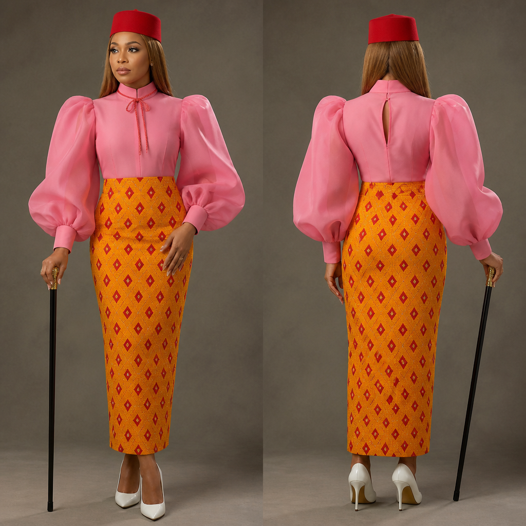 photorealistic fashion design, Create a skirt design whereby the fabric main colour is orange and yellow mixed together, with a little design of diamond shape colour red scatter all over the skirt, while the top is a fucial pink organdy material, the sleeve is a very full bishop sleeve and the neckline is a round neckline with a rope at the front and a keyhole at the back. Create a model to wear my design wearing a white heels, red cap the kind that Nigerian men use for traditional wedding and she is holding a walking stick like that of a traditional man also in Nigeria, her make up is very light with a tinted gold hair or 8/10 inches bonestraight.. Nigeria fashion aesthetics., just the design no text, show front and back. Refinement: Make the skirt a straight pencil and the sleeve make it more puffer but with a cuff at the wrist just like a button shirt and the blouse make the round neck with a collar more like a turtle neck but it's not, it just have a collar with rope and her shoe should be a cover shoe and the skirt should be an African print and the blouse should be more thicker
photorealistic fashion design, photorealistic fashion design, Create a skirt design whereby the fabric main colour is orange and yellow mixed together, with a little design of diamond shape colour red scatter all over the skirt, while the top is a fucial pink organdy material, the sleeve is a very full bishop sleeve and the neckline is a round neckline with a rope at the front and a keyhole at the back. Create a model to wear my design wearing a white heels, red cap the kind that Nigerian men use for traditional wedding and she is holding a walking stick like that of a traditional man also in Nigeria, her make up is very light with a tinted gold hair or 8/10 inches bonestraight.. Nigeria fashion aesthetics., just the design no text, show front and back. Refinement: Make the skirt a straight pencil and the sleeve make it more puffer but with a cuff at the wrist just like a button shirt and the blouse make the round neck with a collar more like a turtle neck but it's not, it just have a collar with rope and her shoe should be a cover shoe and the skirt should be an African print and the blouse should be more thicker, just the design no text