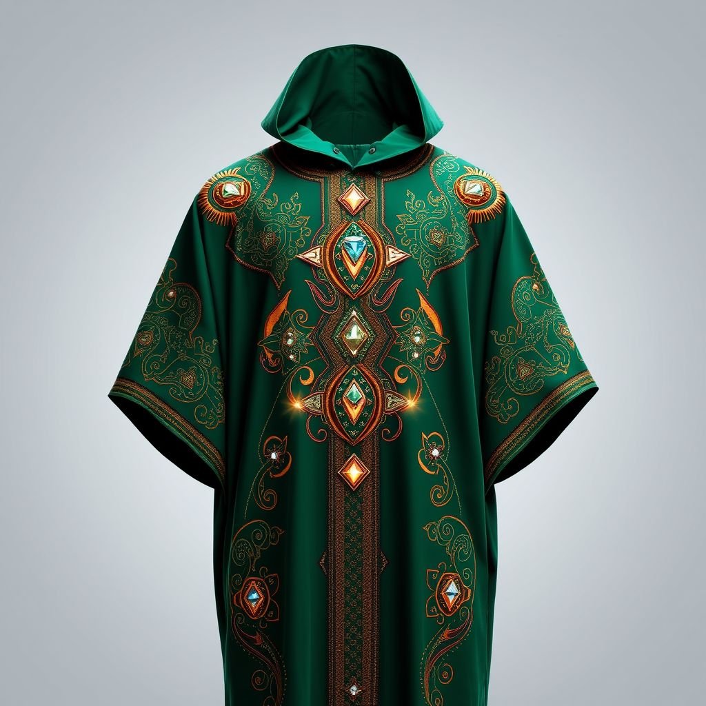 Create a sophisticated Nigerian kaftan style for men with interesting and different embroidery work. Create it in emerald green and add stones to the embroidered section
Design an avant-garde Nigerian kaftan for men that embodies Afrofuturism, featuring a deep emerald green base. Infuse the garment with intricate, futuristic embroidery incorporating cosmic patterns and traditional motifs. Adorn the embroidered sections with shimmering stones that reflect light, symbolizing a fusion of heritage and futuristic vision—a celebration of African identity.