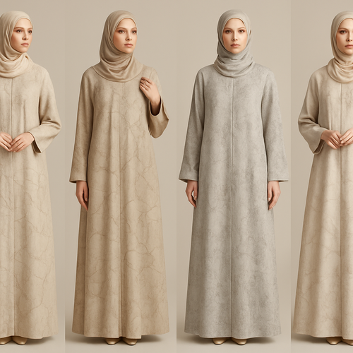Create a modest two-piece linen abaya, the first of its kind, featuring a unique stone design that exudes a classy and sophisticated vibe. I’d like four designs, each showcasing different styles and fabrics. Incorporate high-end, unique chic stone designs to make them truly special. Add little sophisticated stone designs.